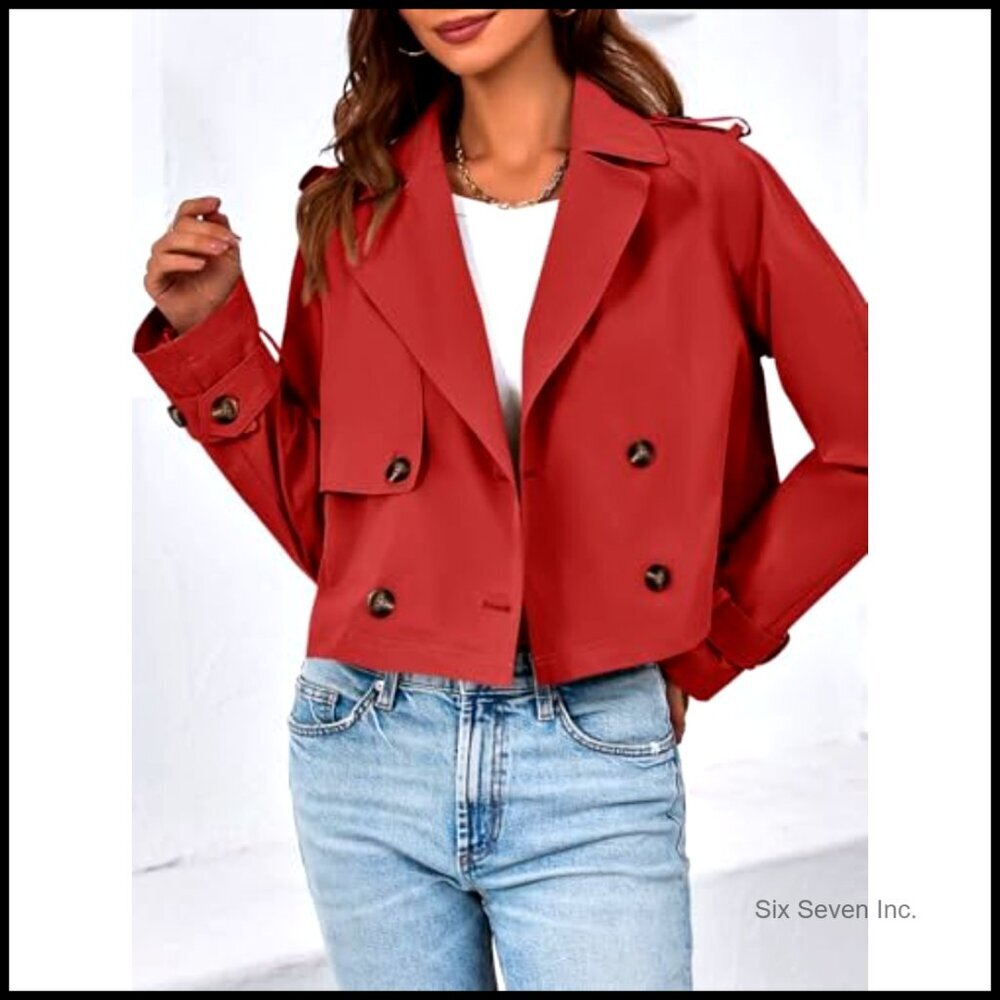 Cropped Trench Coat Double Breasted Lapel Casual Jacket Lightweight Vintage - Picture 3 of 7